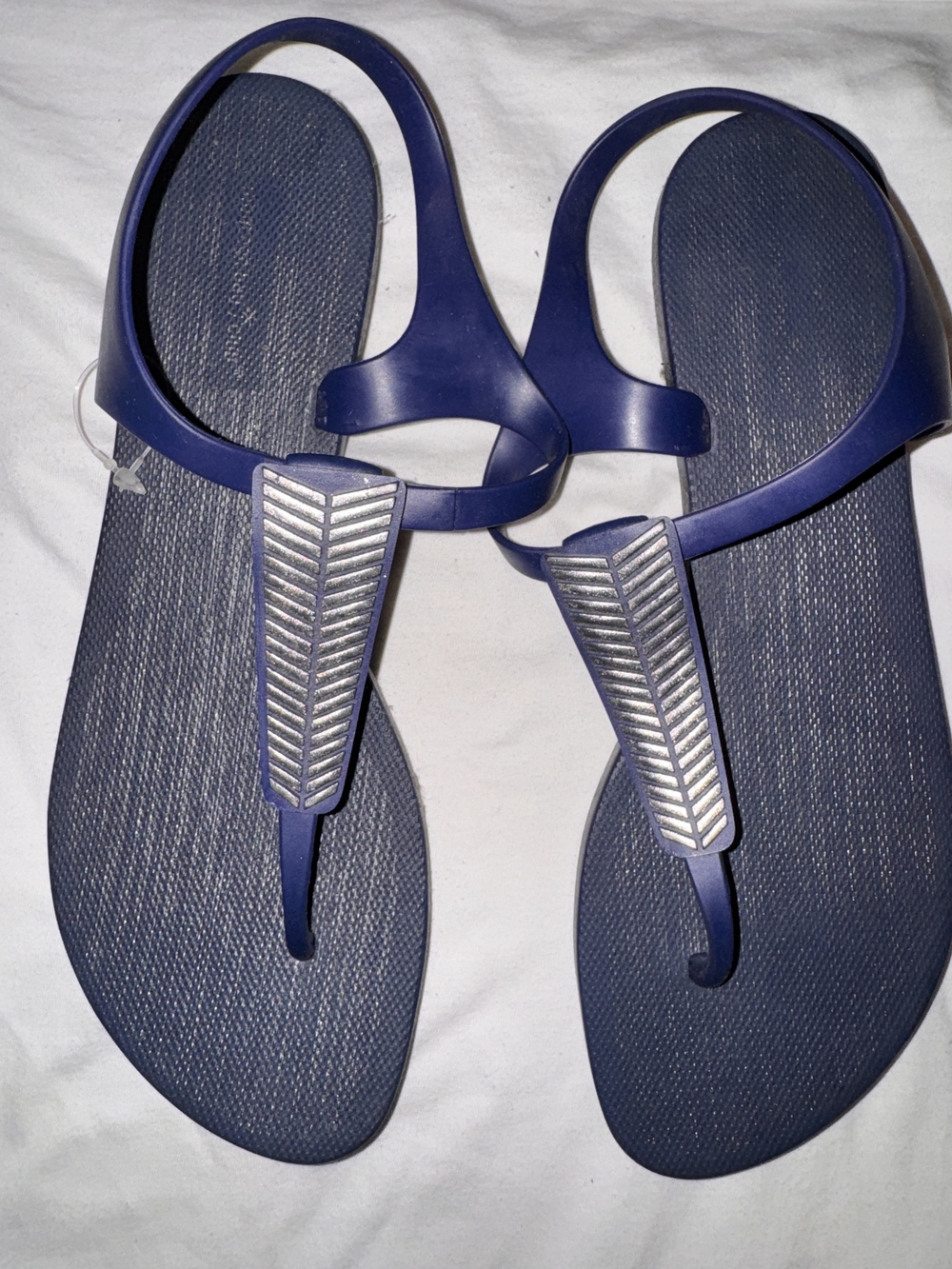 Women's Thong Flat Sandals - Blue With Silver Chevron Detail - Size 11